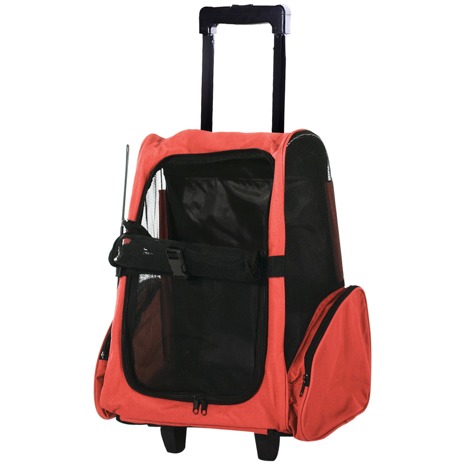Transportadora 2 em 1 para animais de estimação mochila ou carrinho de viagem para cães e gatos com 2 rodas alça retrátil de alumínio e bolso de armazenamento 42x25x55cm vermelho