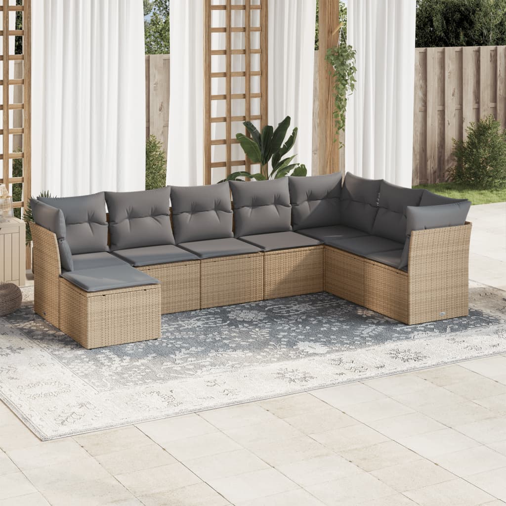 8 Pcs conjunto de sofás p/ jardim com almofadões vime PE bege