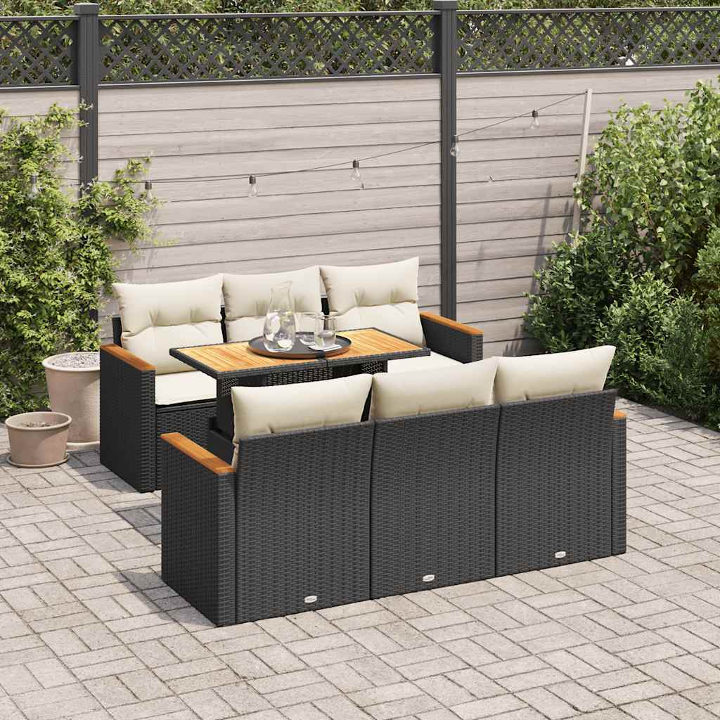 7 Pcs conjunto sofás jardim c/ almofadões vime PE/acácia preto