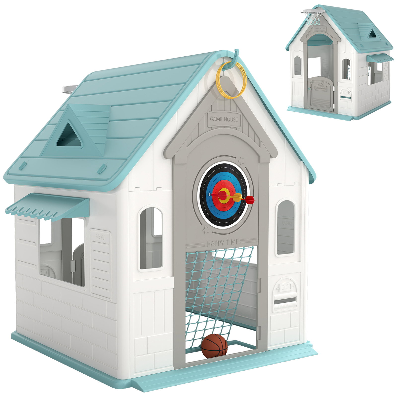 Casa de brincar para crianças 5 em 1 casa de jardim com lançamento de anéis basquetebol futebol dardos 132x118x124 cm b