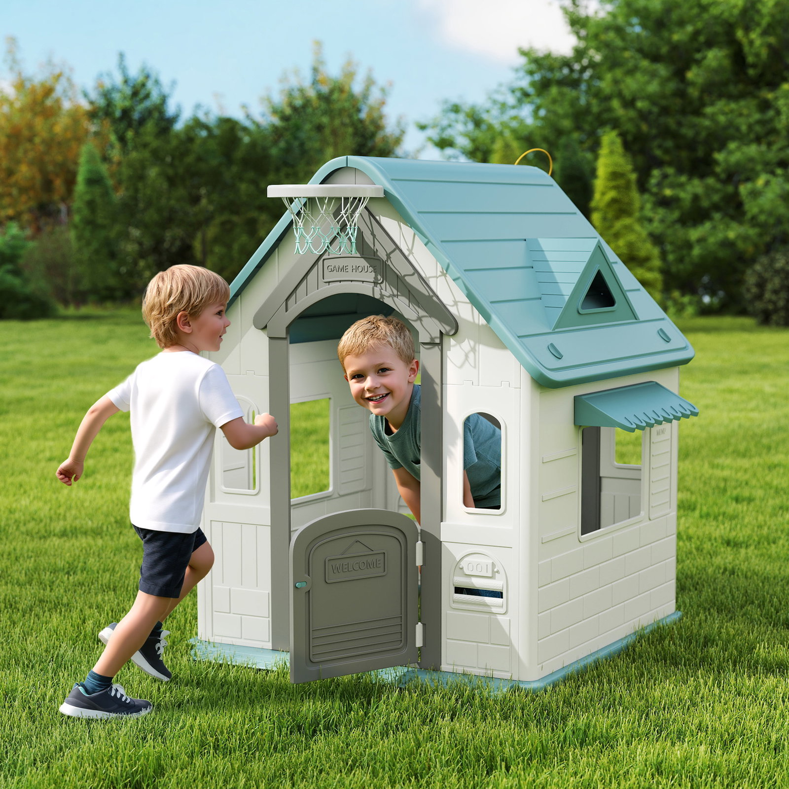 Casa de brincar para crianças 5 em 1 casa de jardim com lançamento de anéis basquetebol futebol dardos 132x118x124 cm b