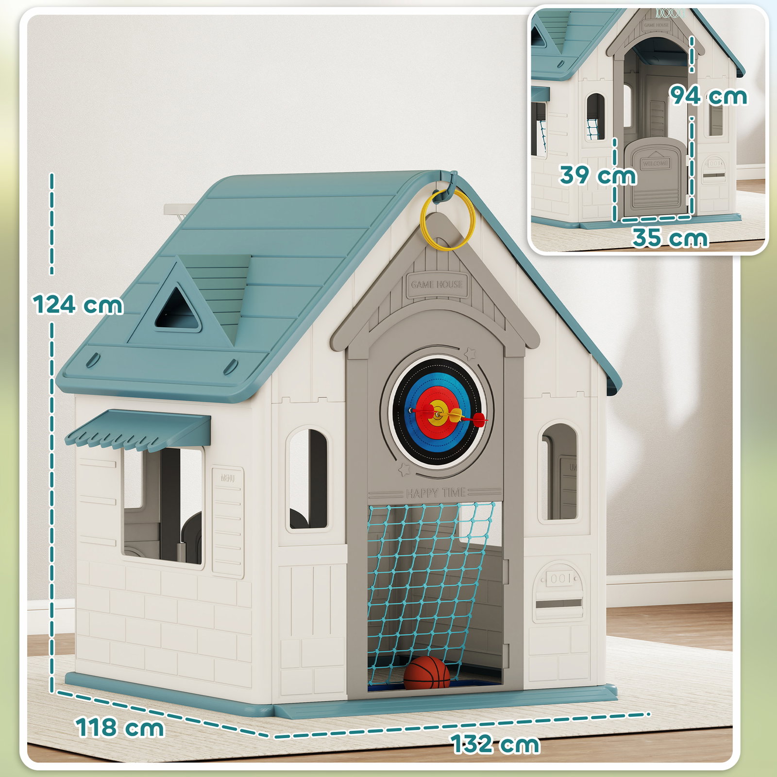Casa de brincar para crianças 5 em 1 casa de jardim com lançamento de anéis basquetebol futebol dardos 132x118x124 cm b