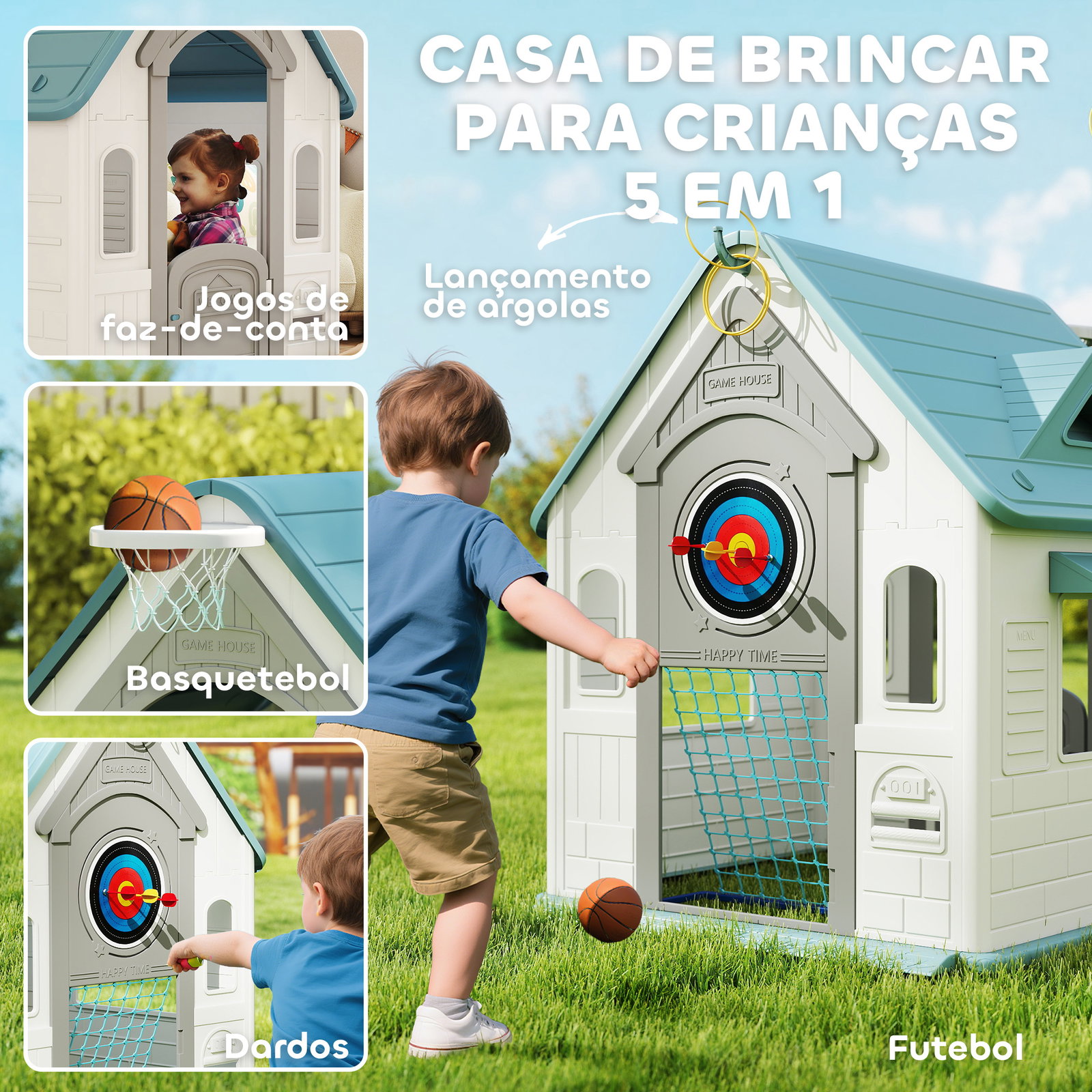 Casa de brincar para crianças 5 em 1 casa de jardim com lançamento de anéis basquetebol futebol dardos 132x118x124 cm b