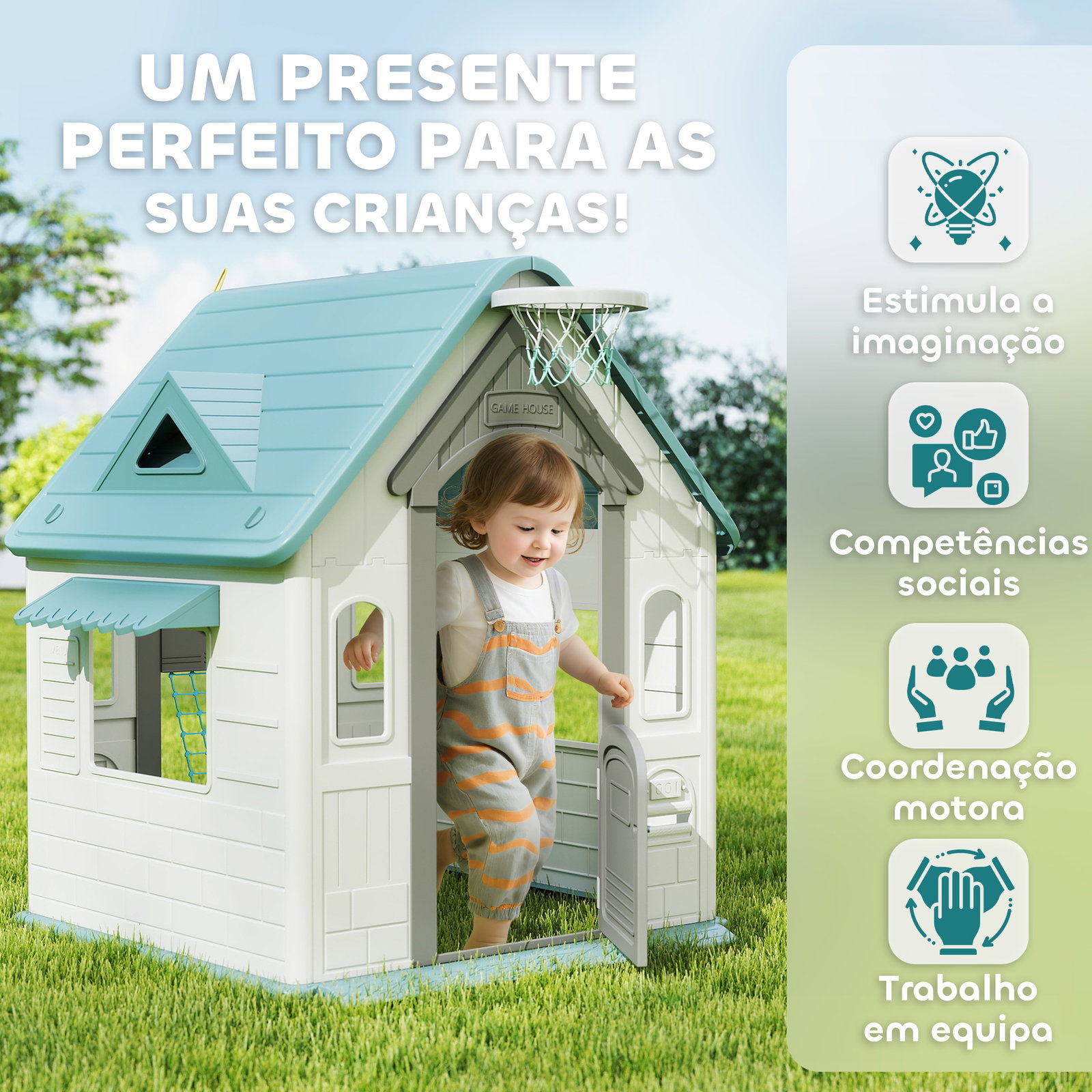 Casa de brincar para crianças 5 em 1 casa de jardim com lançamento de anéis basquetebol futebol dardos 132x118x124 cm b