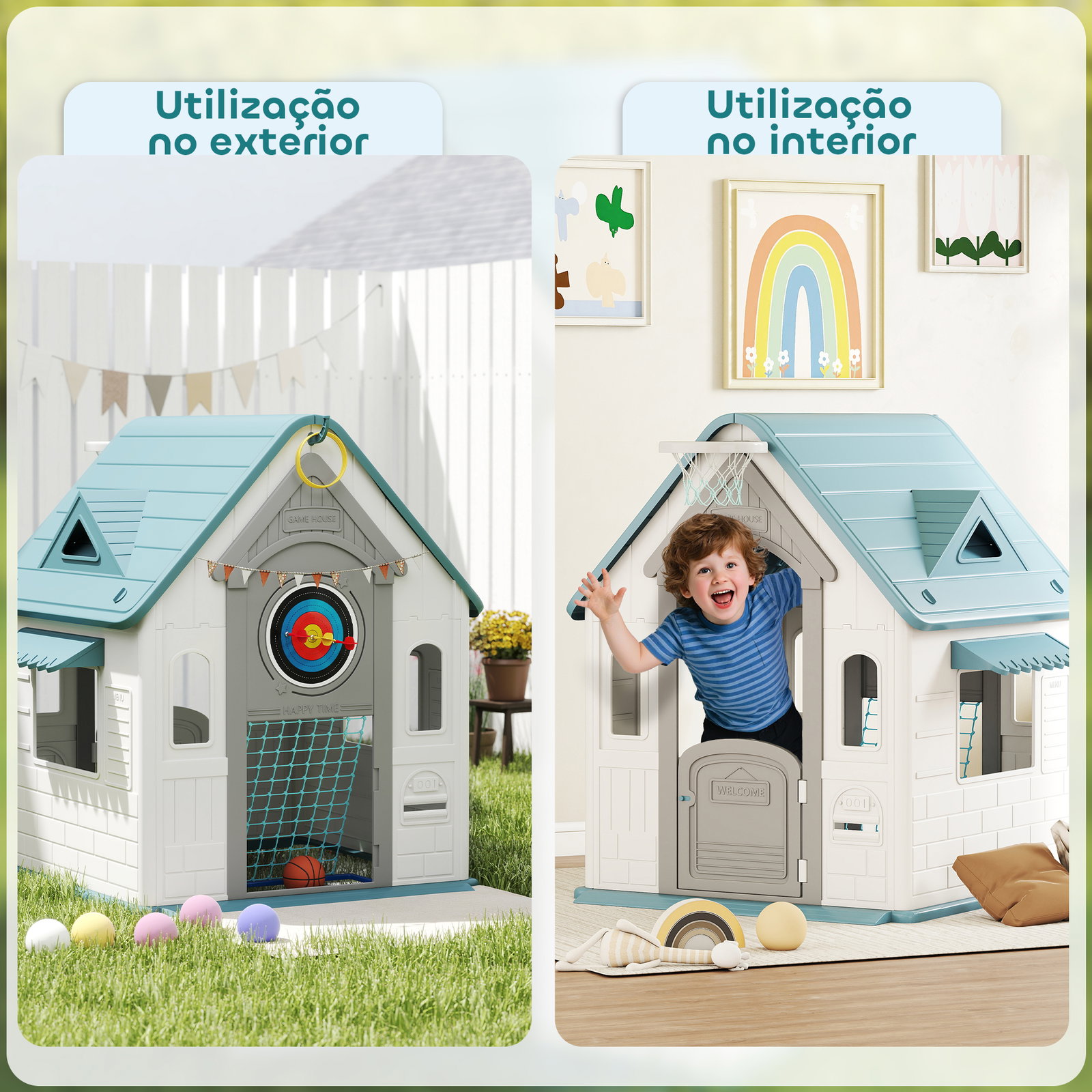 Casa de brincar para crianças 5 em 1 casa de jardim com lançamento de anéis basquetebol futebol dardos 132x118x124 cm b
