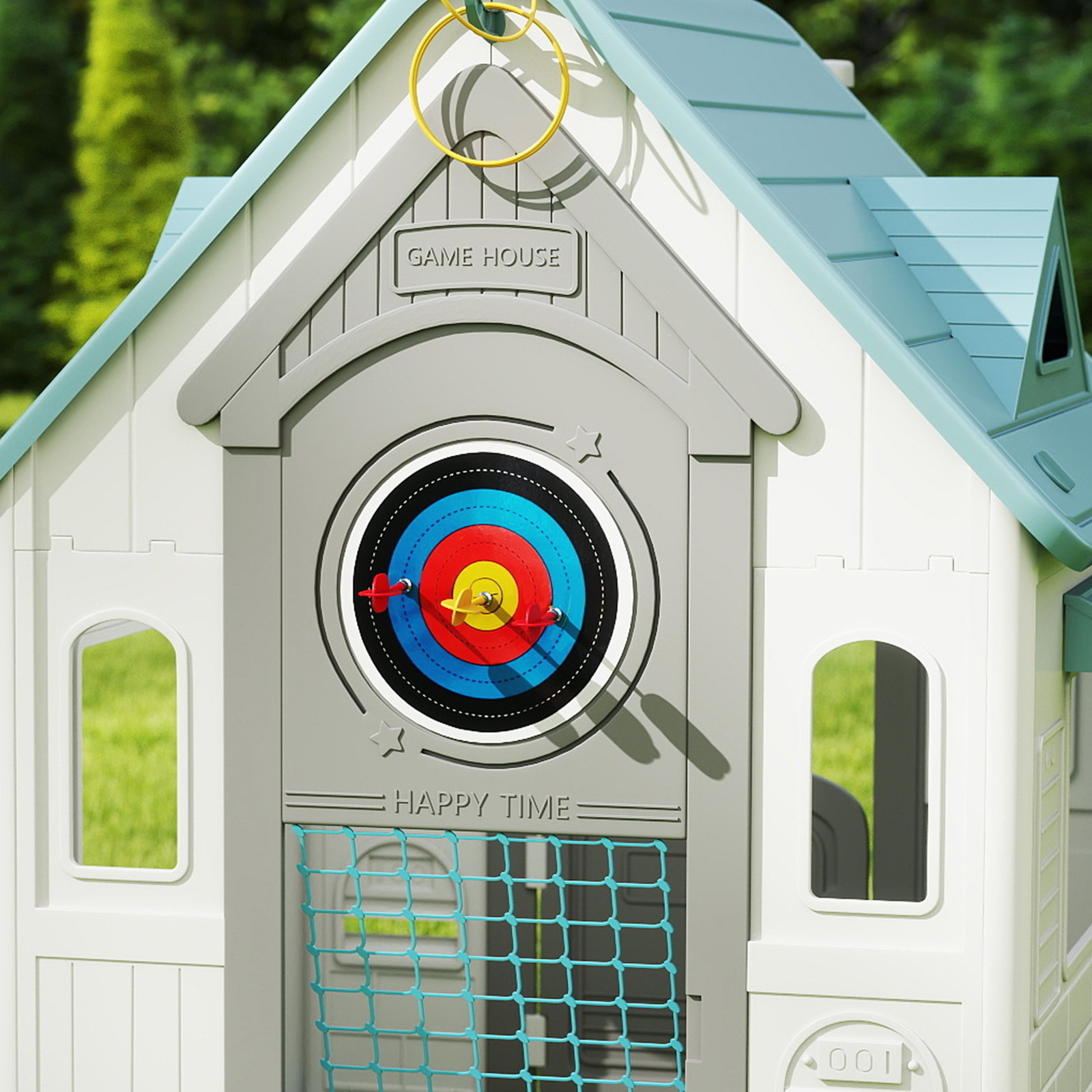 Casa de brincar para crianças 5 em 1 casa de jardim com lançamento de anéis basquetebol futebol dardos 132x118x124 cm b