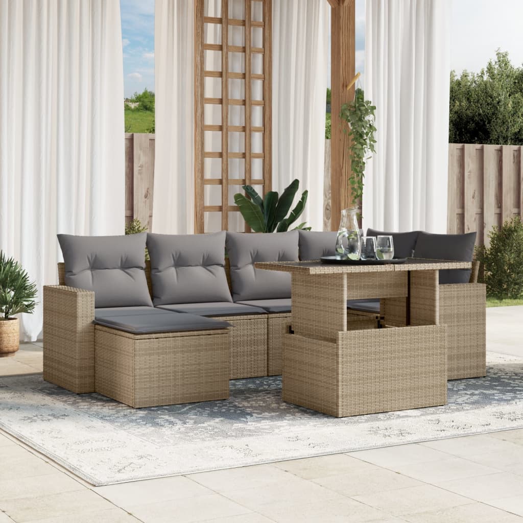 7 Pcs conjunto de sofás p/ jardim com almofadões vime PE bege