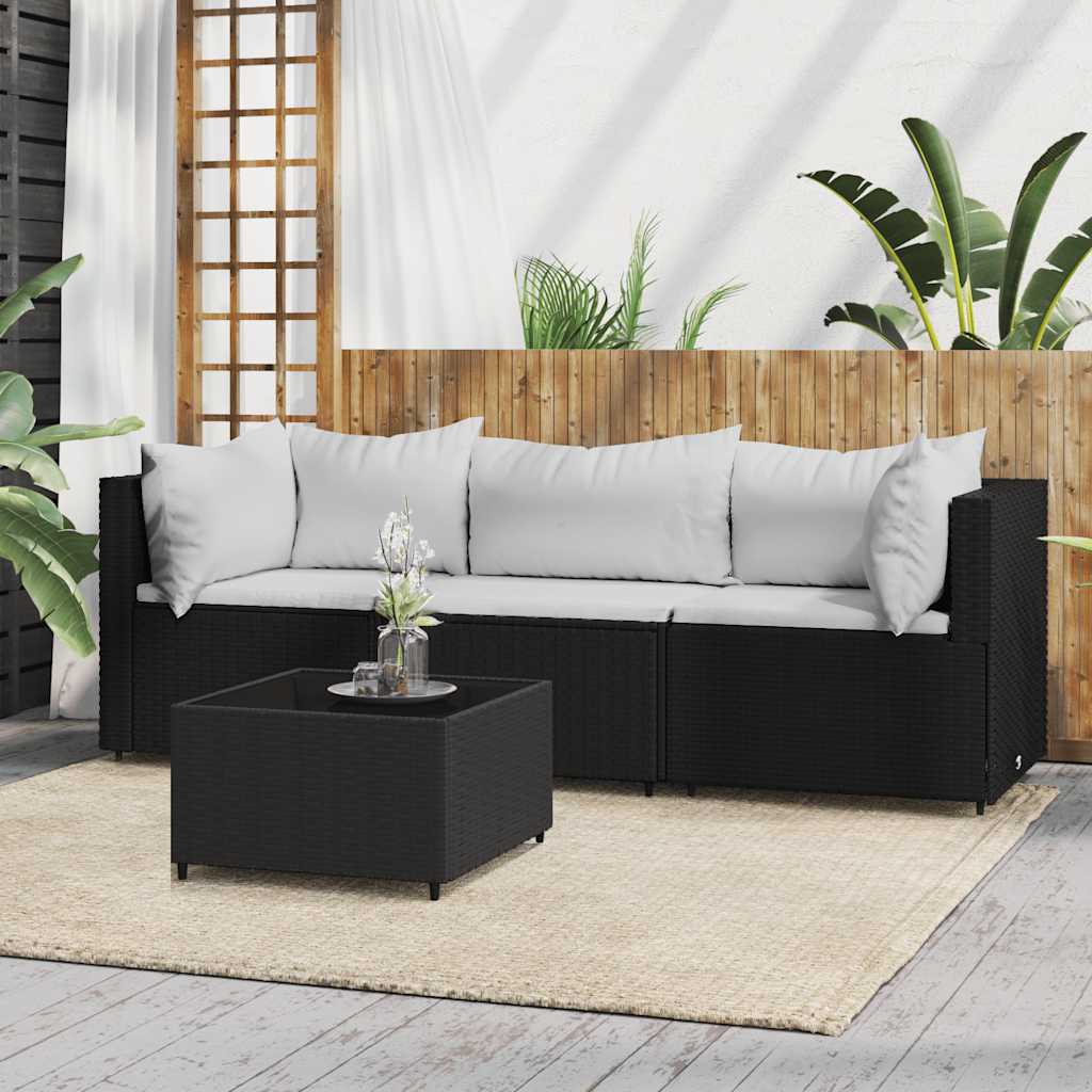 4 Pcs conjunto lounge de jardim c/ almofadões vime PE preto