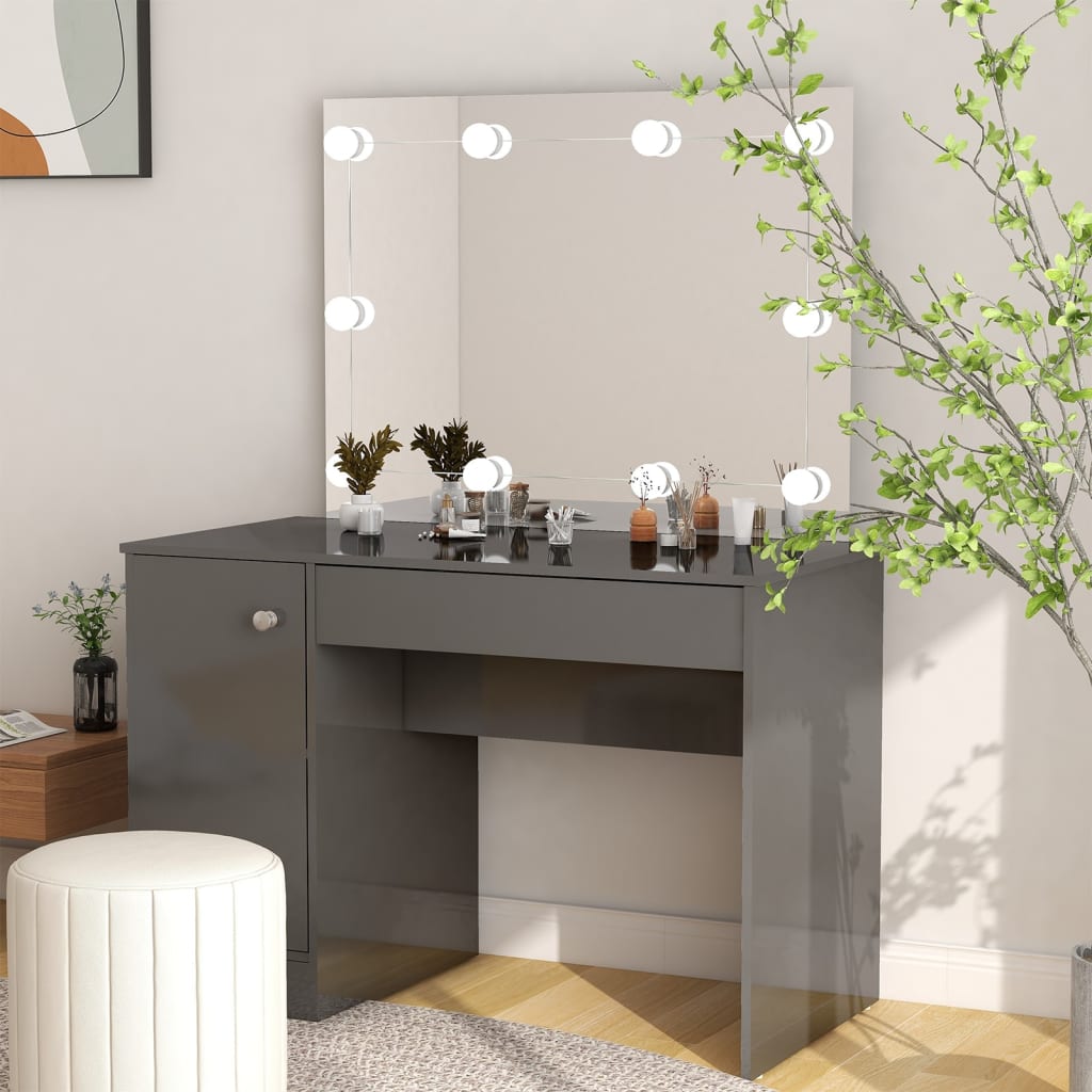 Mesa de maquilhagem c/ leds 110x55x145 cm MDF cinza brilhante