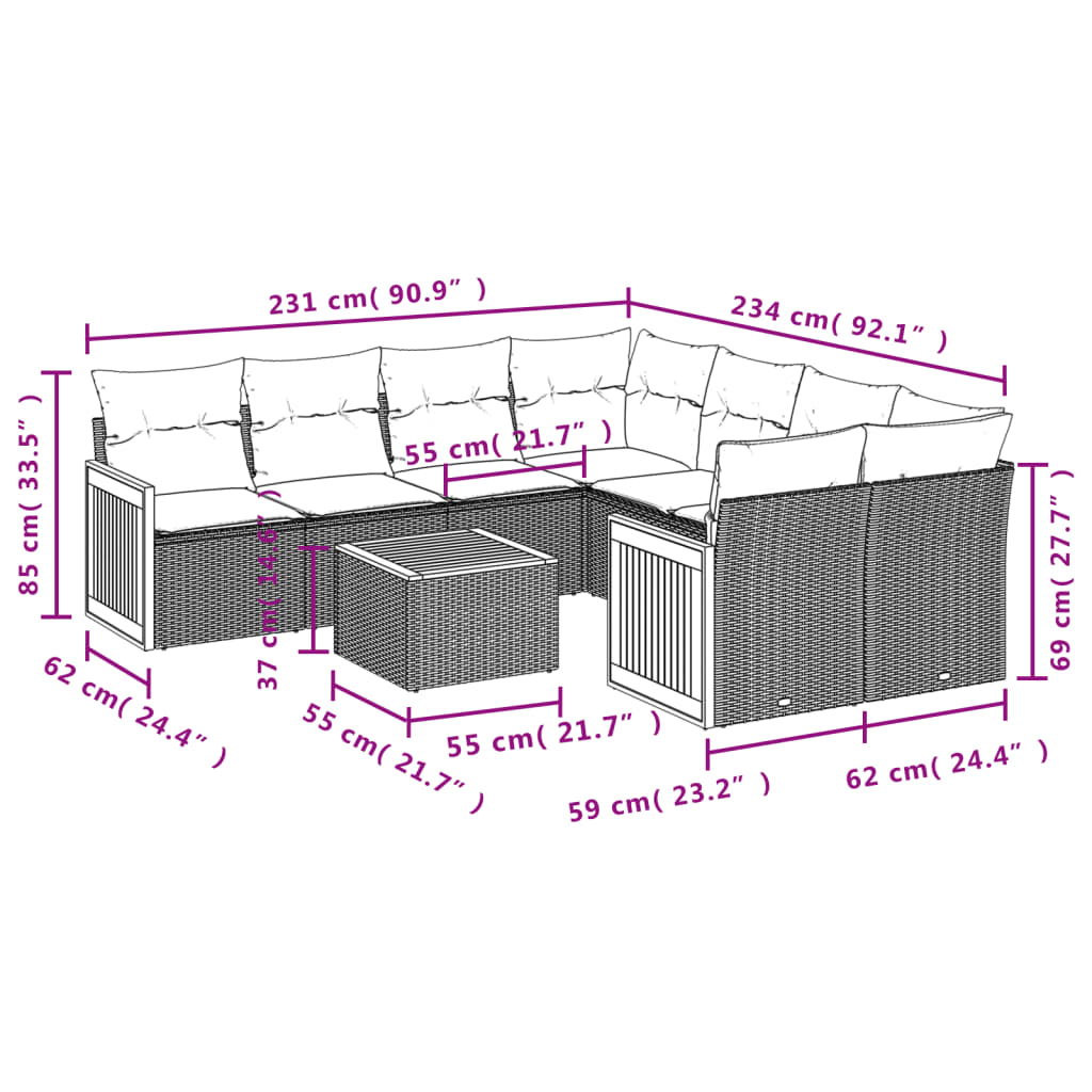 9 Pcs conjunto de sofás p/ jardim com almofadões vime PE bege