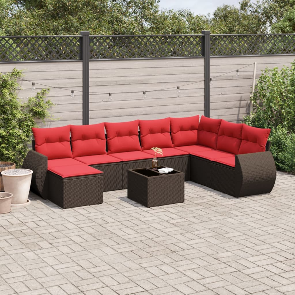 Conjunto de sofá de jardim com 9 peças e almofadas em rattan sintético marrom