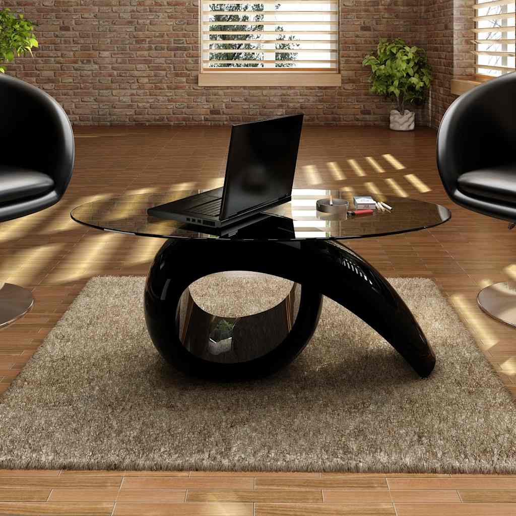 Mesa de centro com tampo oval de vidro, preto brilhante