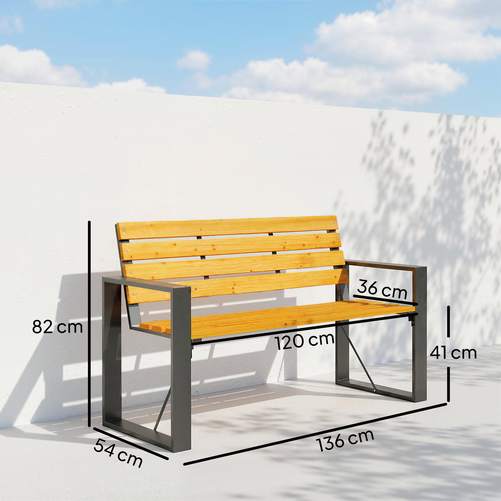 Banco de jardim exterior de 2 lugares com encosto e assento ripado em madeira e estrutura de aço 136x54x82 cm madeira
