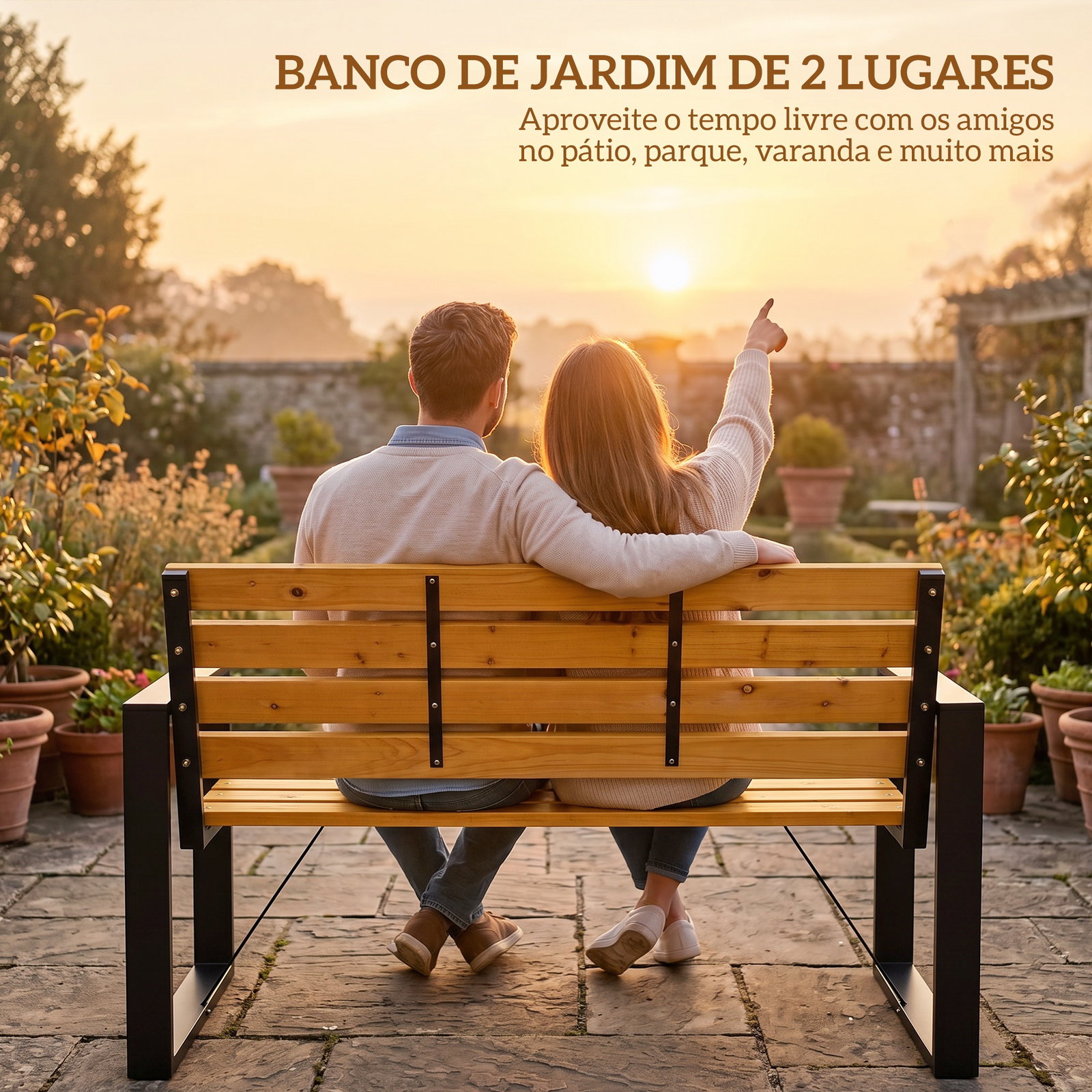 Banco de jardim exterior de 2 lugares com encosto e assento ripado em madeira e estrutura de aço 136x54x82 cm madeira
