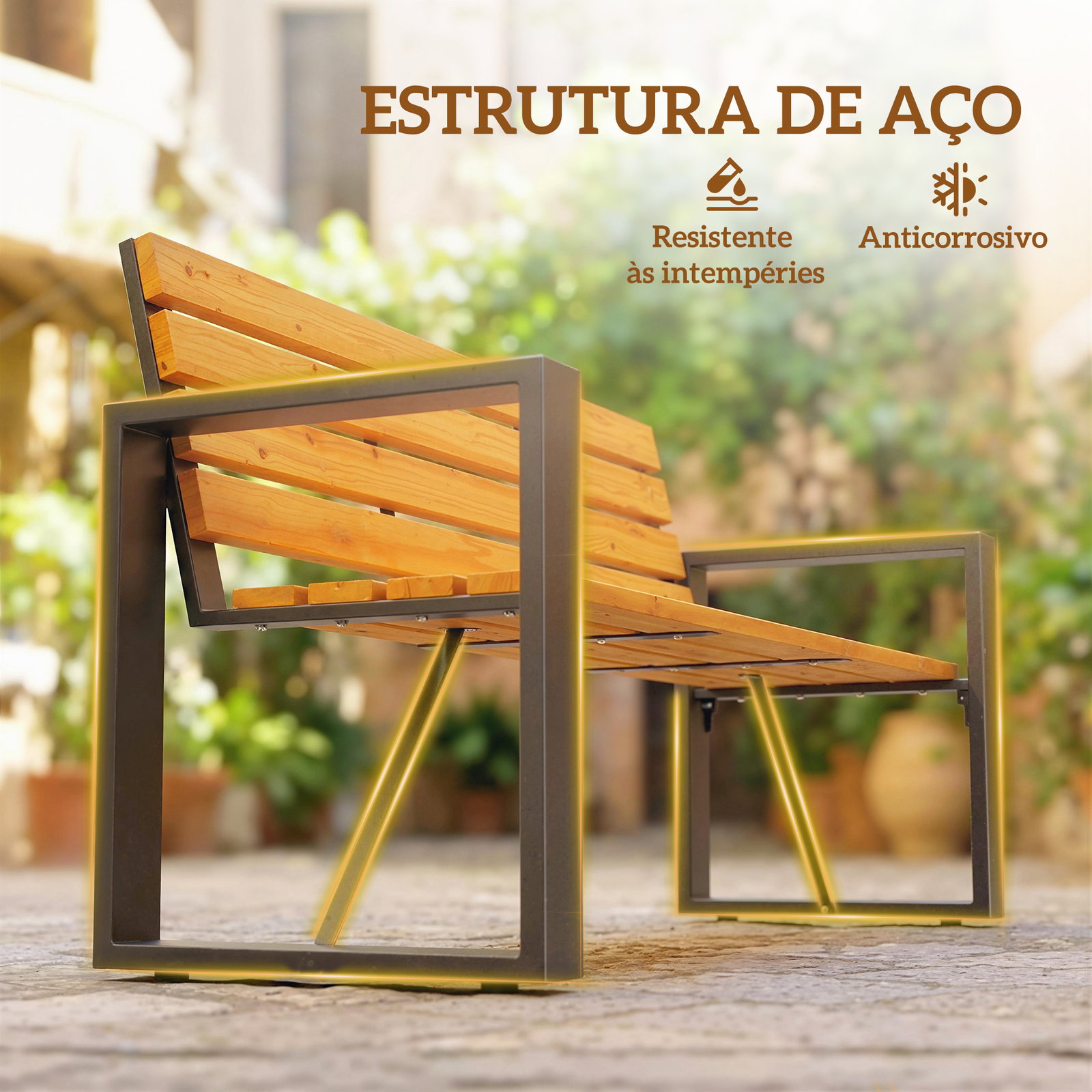 Banco de jardim exterior de 2 lugares com encosto e assento ripado em madeira e estrutura de aço 136x54x82 cm madeira