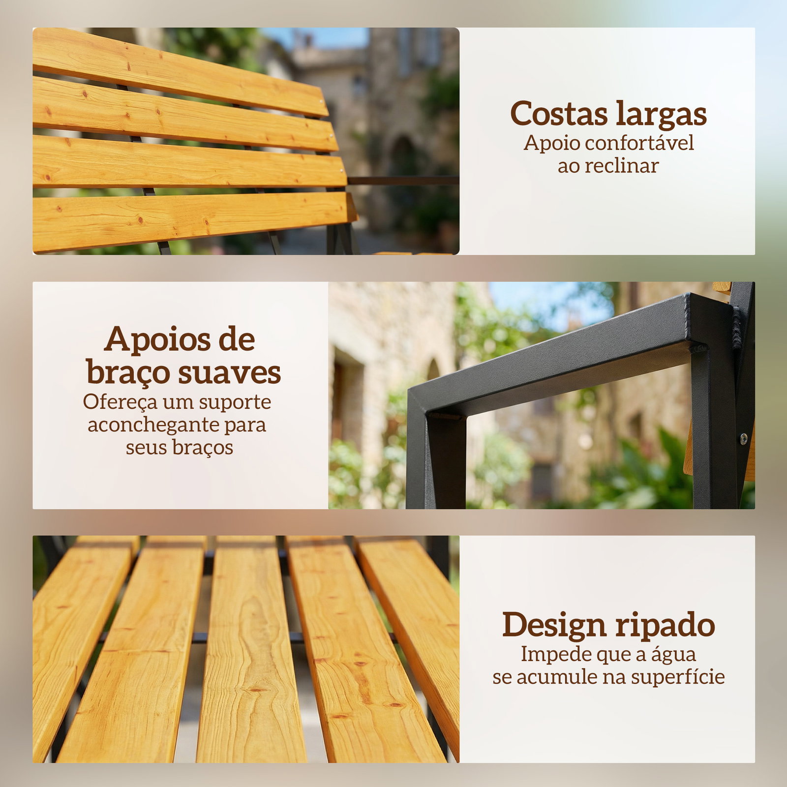 Banco de jardim exterior de 2 lugares com encosto e assento ripado em madeira e estrutura de aço 136x54x82 cm madeira