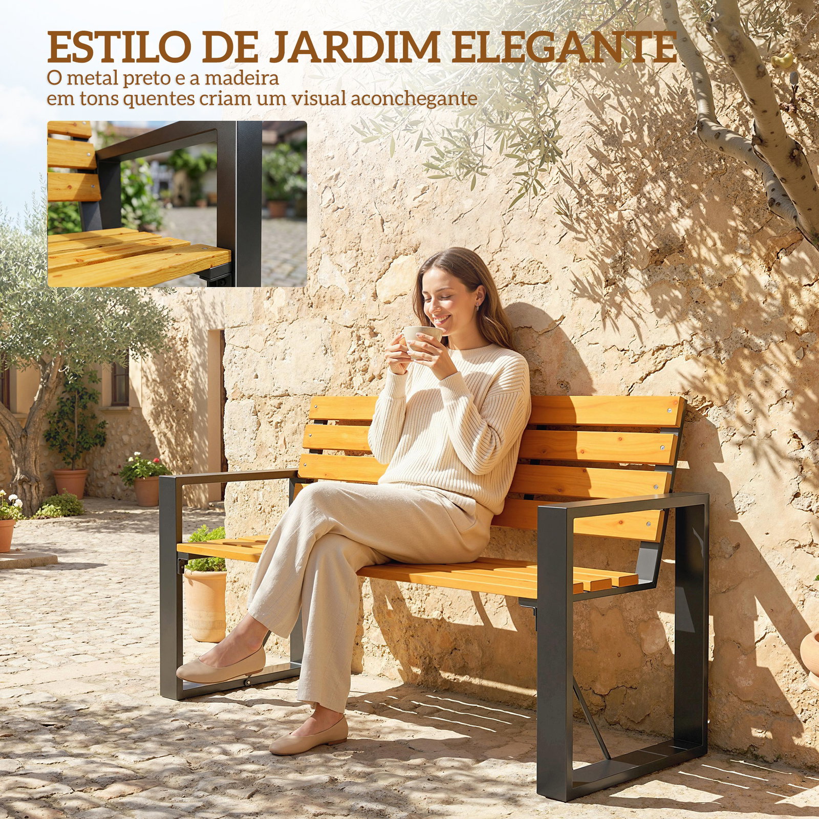 Banco de jardim exterior de 2 lugares com encosto e assento ripado em madeira e estrutura de aço 136x54x82 cm madeira