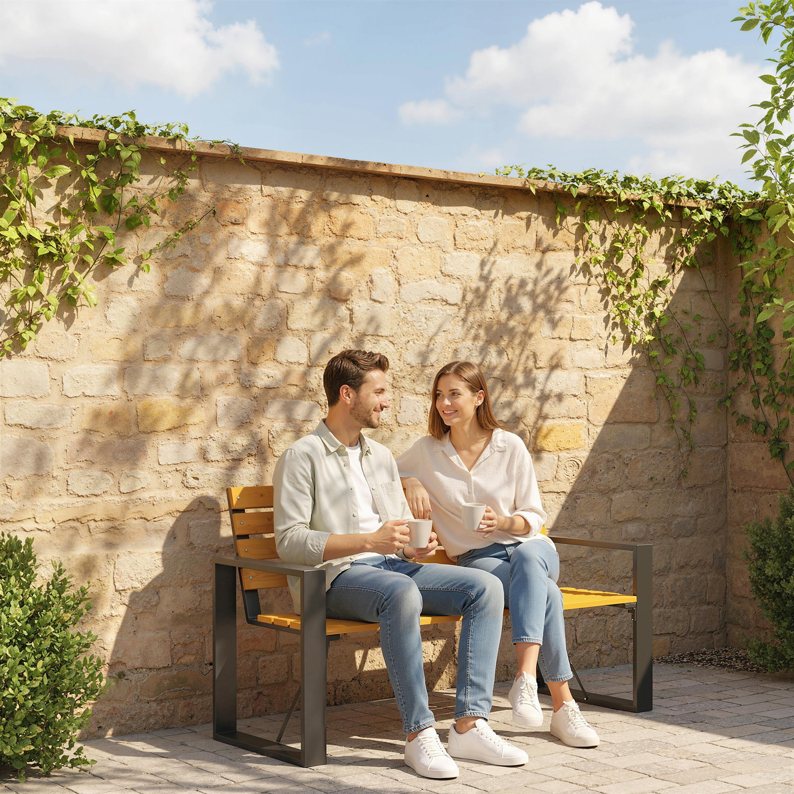 Banco de jardim exterior de 2 lugares com encosto e assento ripado em madeira e estrutura de aço 136x54x82 cm madeira