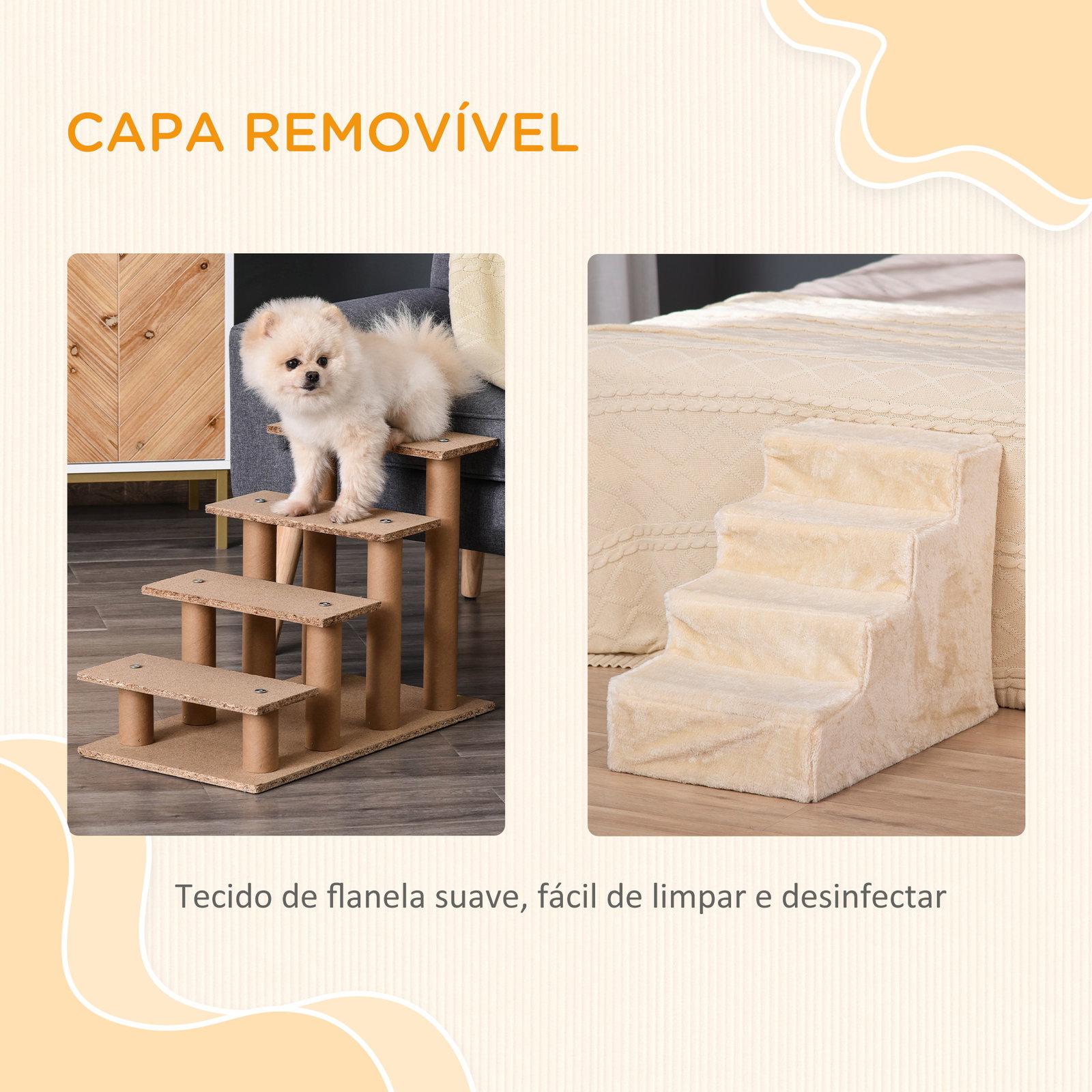 Escada para Animais de Estimação com 4 Degraus 2 em 1 com Capa Removível e Lavável Escada 60x35x44 cm Bege