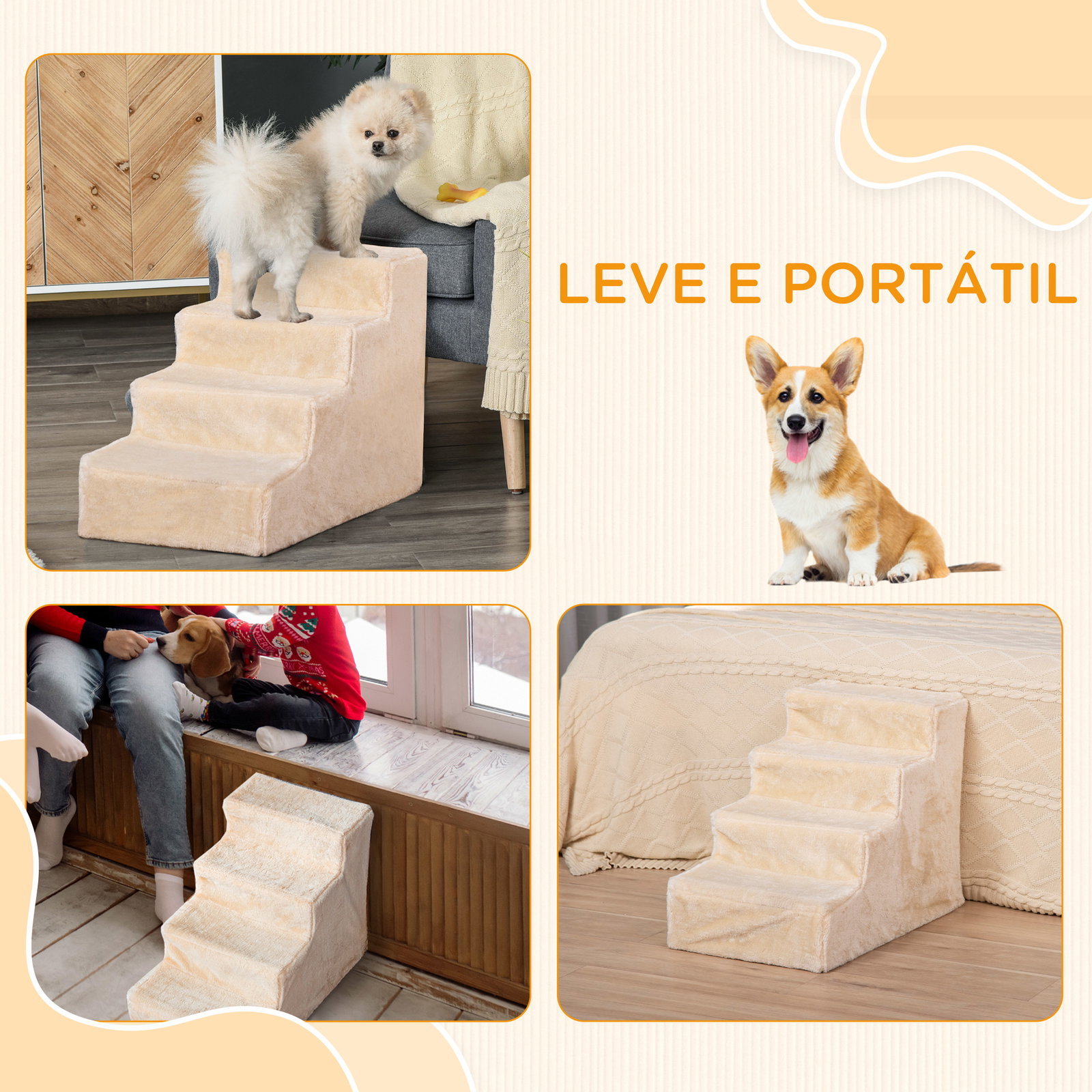 Escada para Animais de Estimação com 4 Degraus 2 em 1 com Capa Removível e Lavável Escada 60x35x44 cm Bege