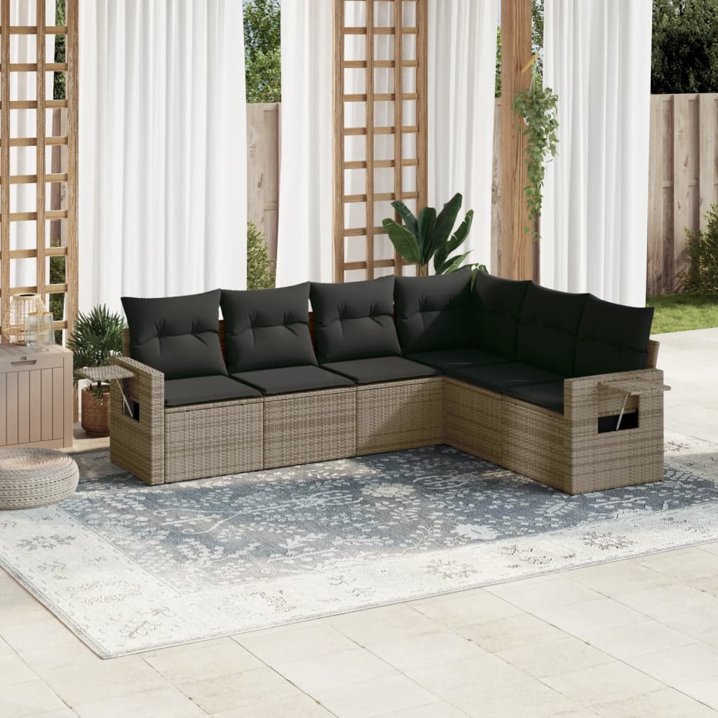 6 Pcs conjunto sofás de jardim com almofadões vime cinzento