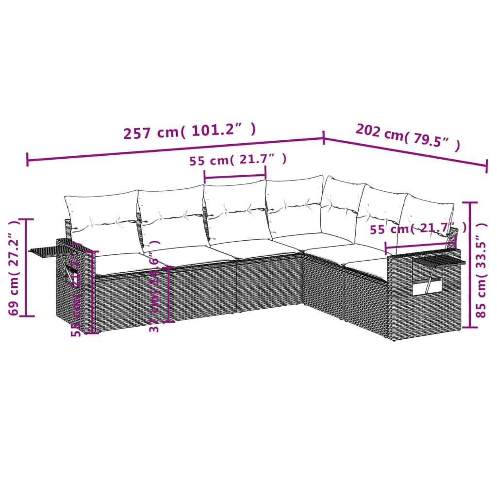 6 Pcs conjunto sofás de jardim com almofadões vime cinzento
