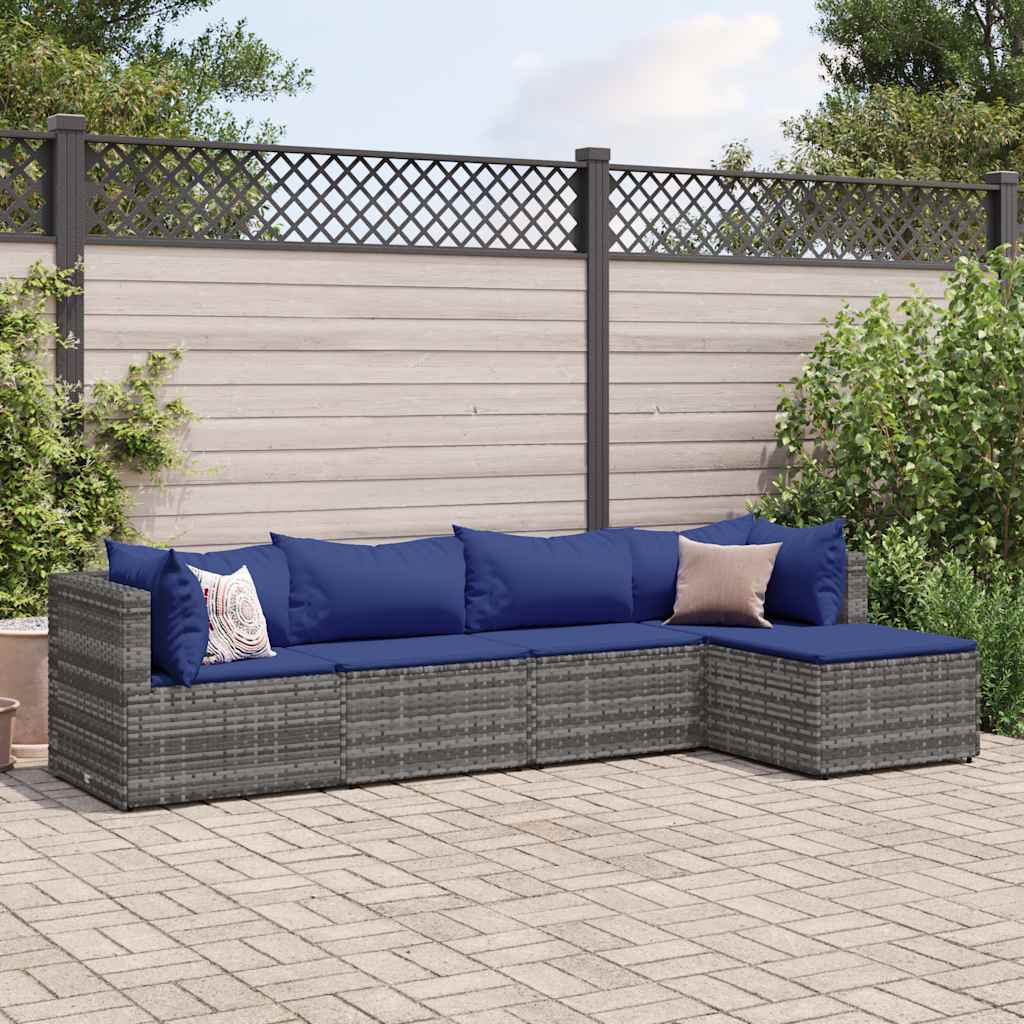 5 Pcs conjunto lounge de jardim c/ almofadões vime PE cinzento