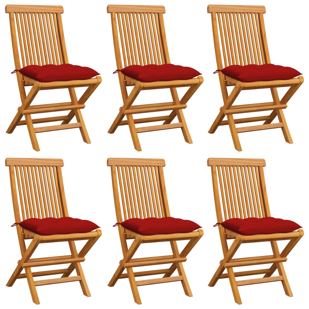 Cadeiras de jardim c/ almofadões vermelhos 6 pcs teca maciça