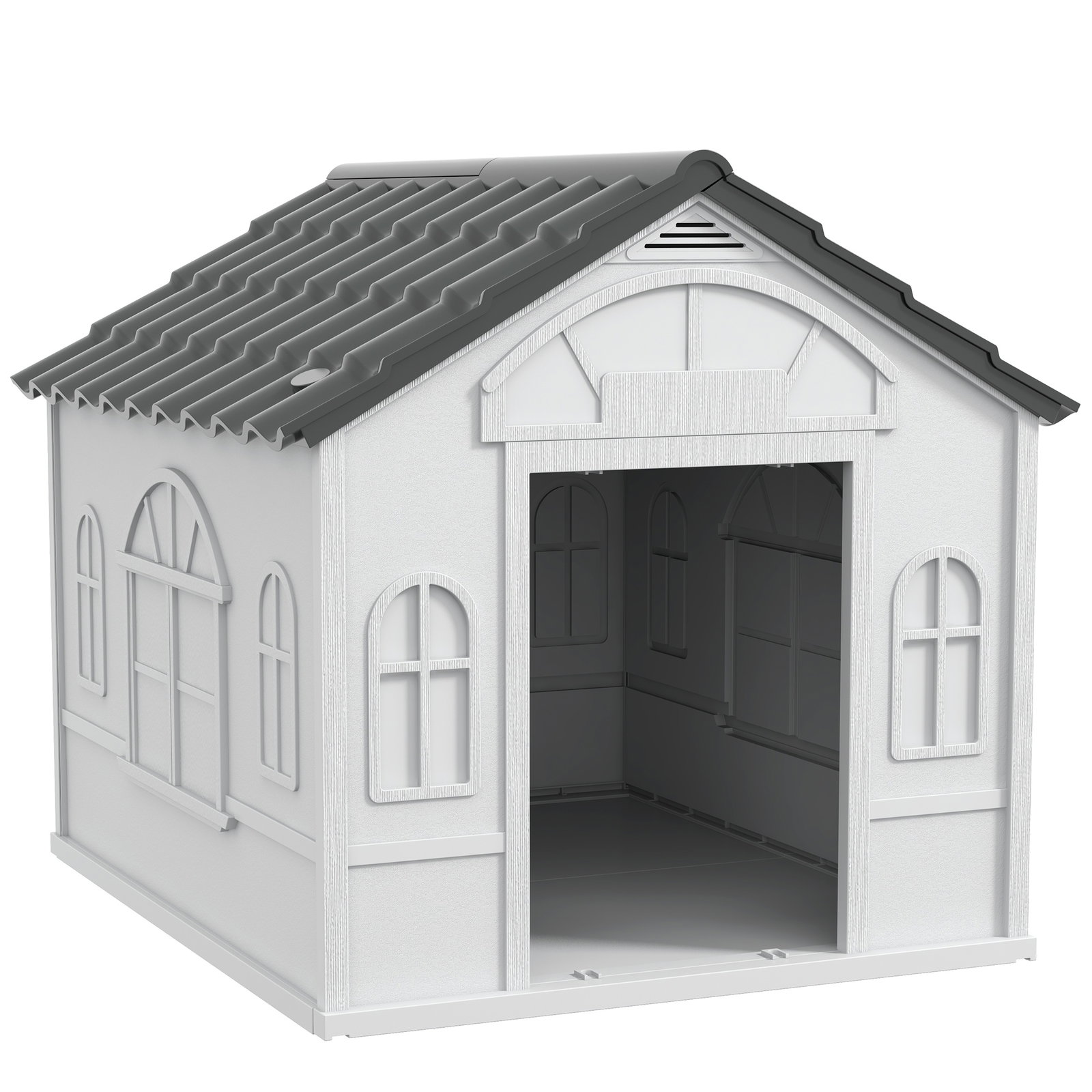 Casa para cães 84,2x98,2x82 cm casa para cães com janelas e teto com imitação de telhas casota para cães cinza