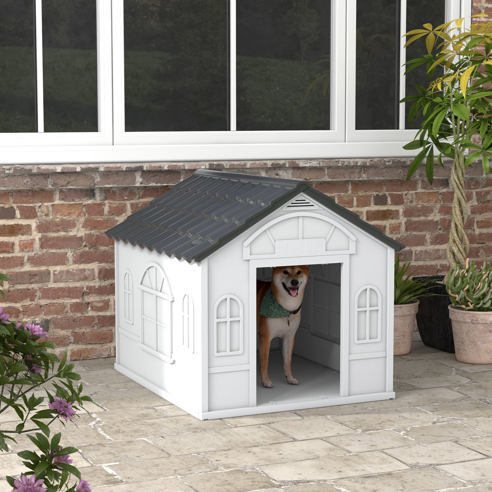 Casa para cães 84,2x98,2x82 cm casa para cães com janelas e teto com imitação de telhas casota para cães cinza