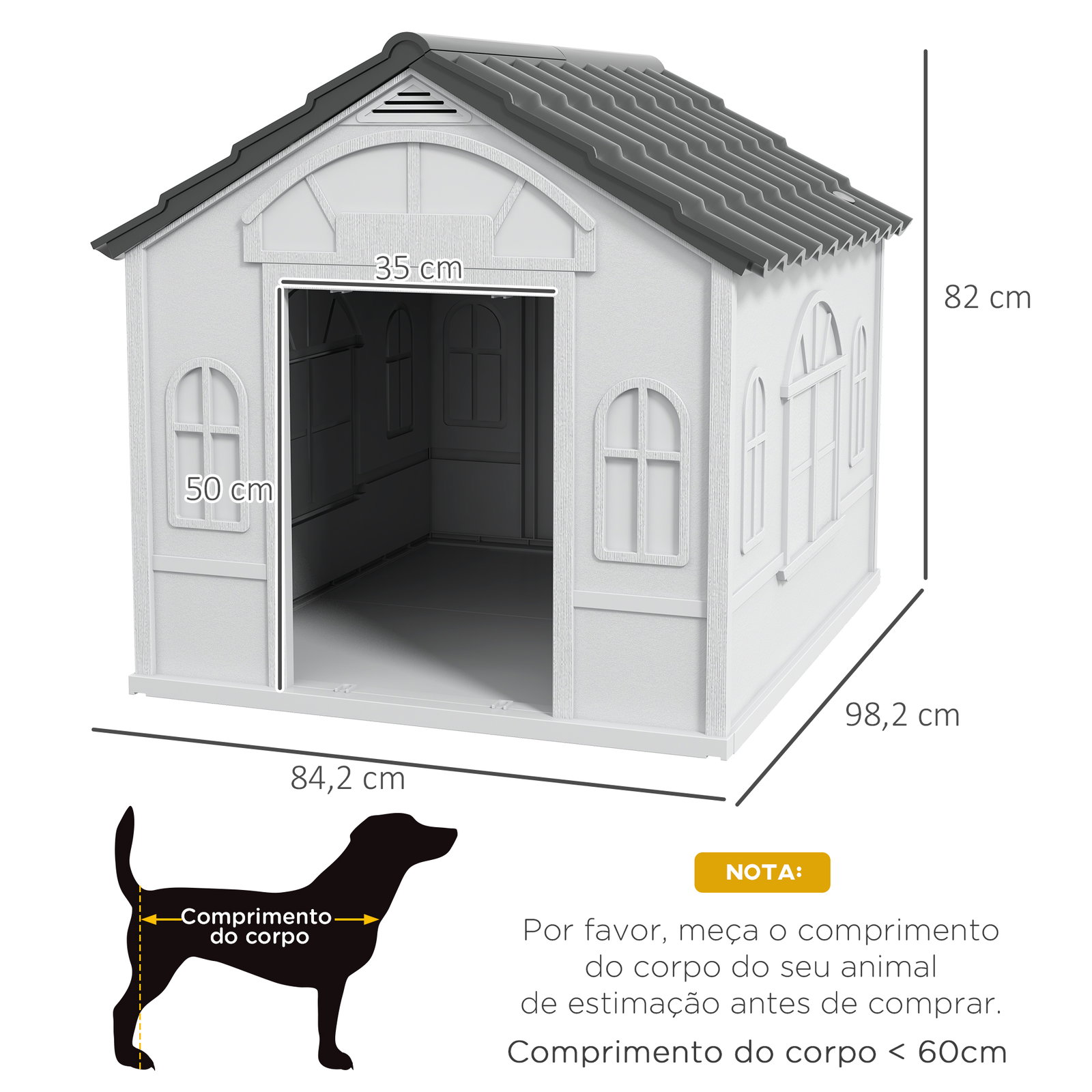 Casa para cães 84,2x98,2x82 cm casa para cães com janelas e teto com imitação de telhas casota para cães cinza