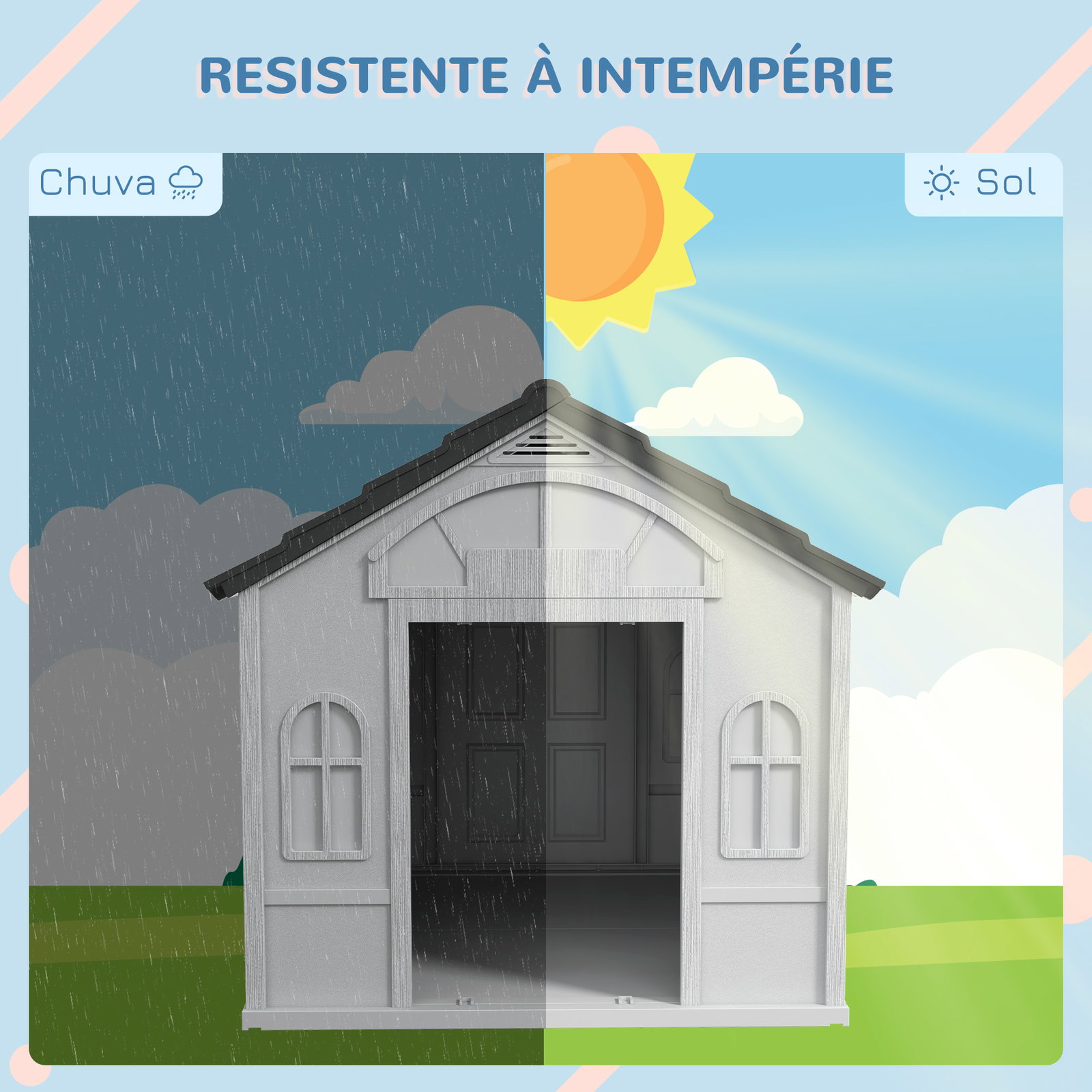 Casa para cães 84,2x98,2x82 cm casa para cães com janelas e teto com imitação de telhas casota para cães cinza