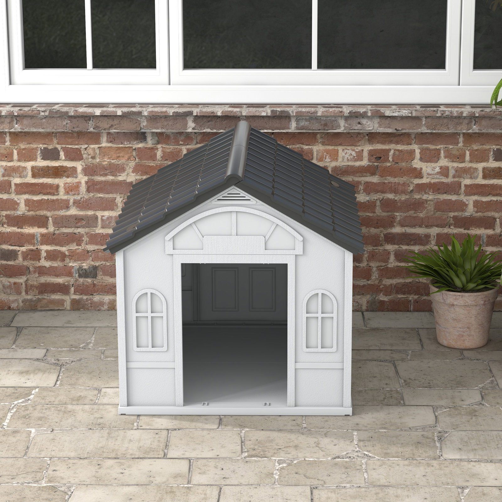 Casa para cães 84,2x98,2x82 cm casa para cães com janelas e teto com imitação de telhas casota para cães cinza