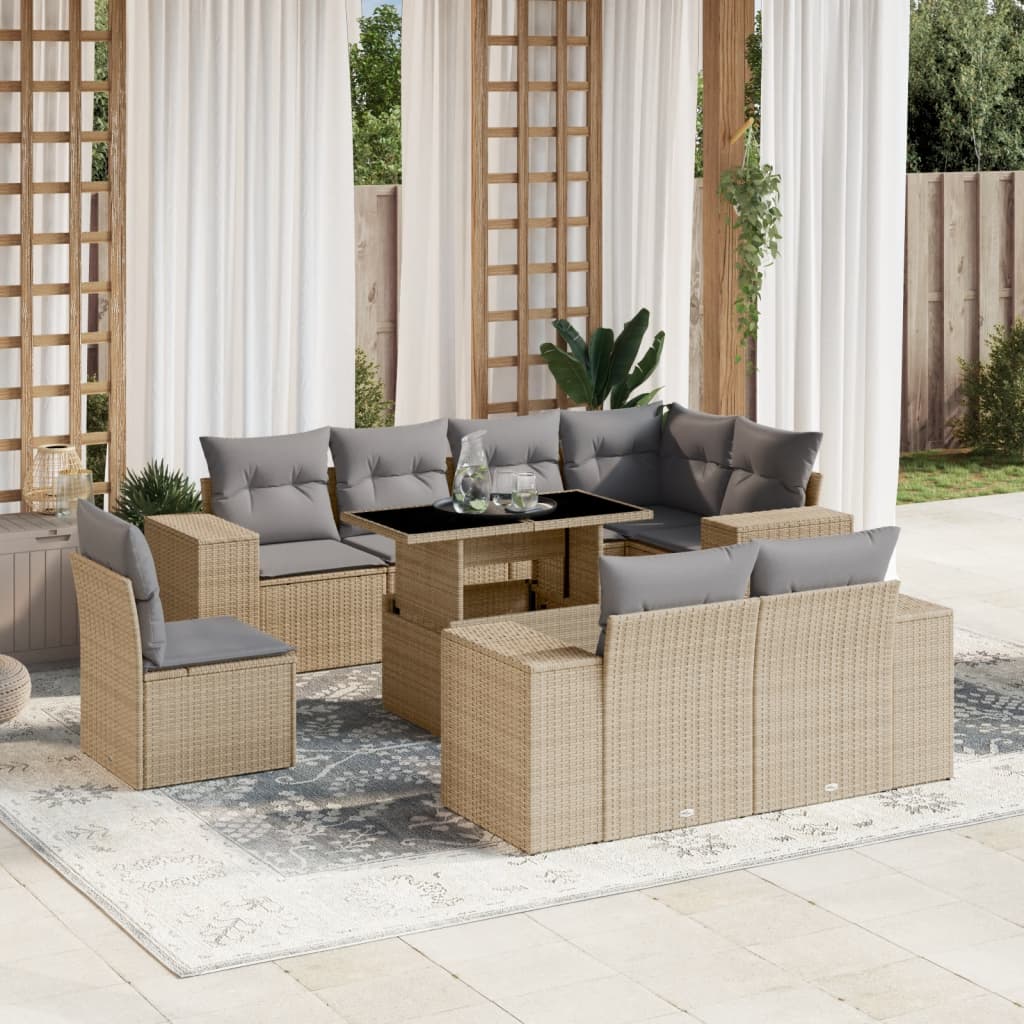 9 Pcs conjunto de sofás p/ jardim com almofadões vime PE bege