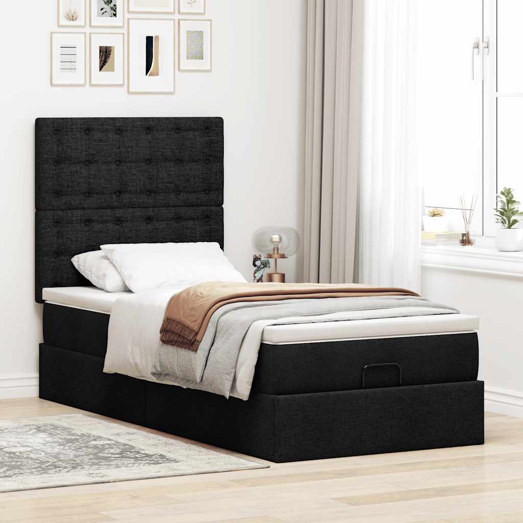 Cama otomana com colchão 100x200 cm tecido preto