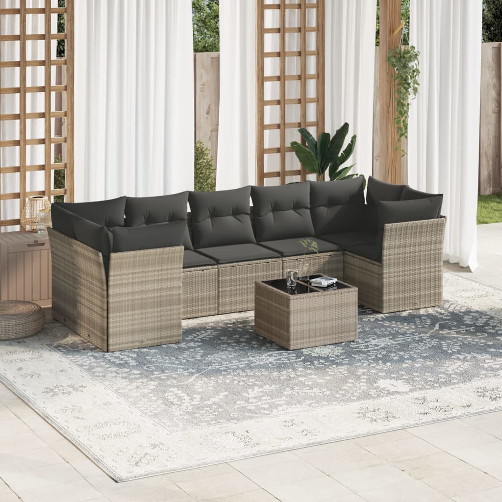 8 Pcs conj. sofás jardim c/ almofadões vime PE cinzento-claro