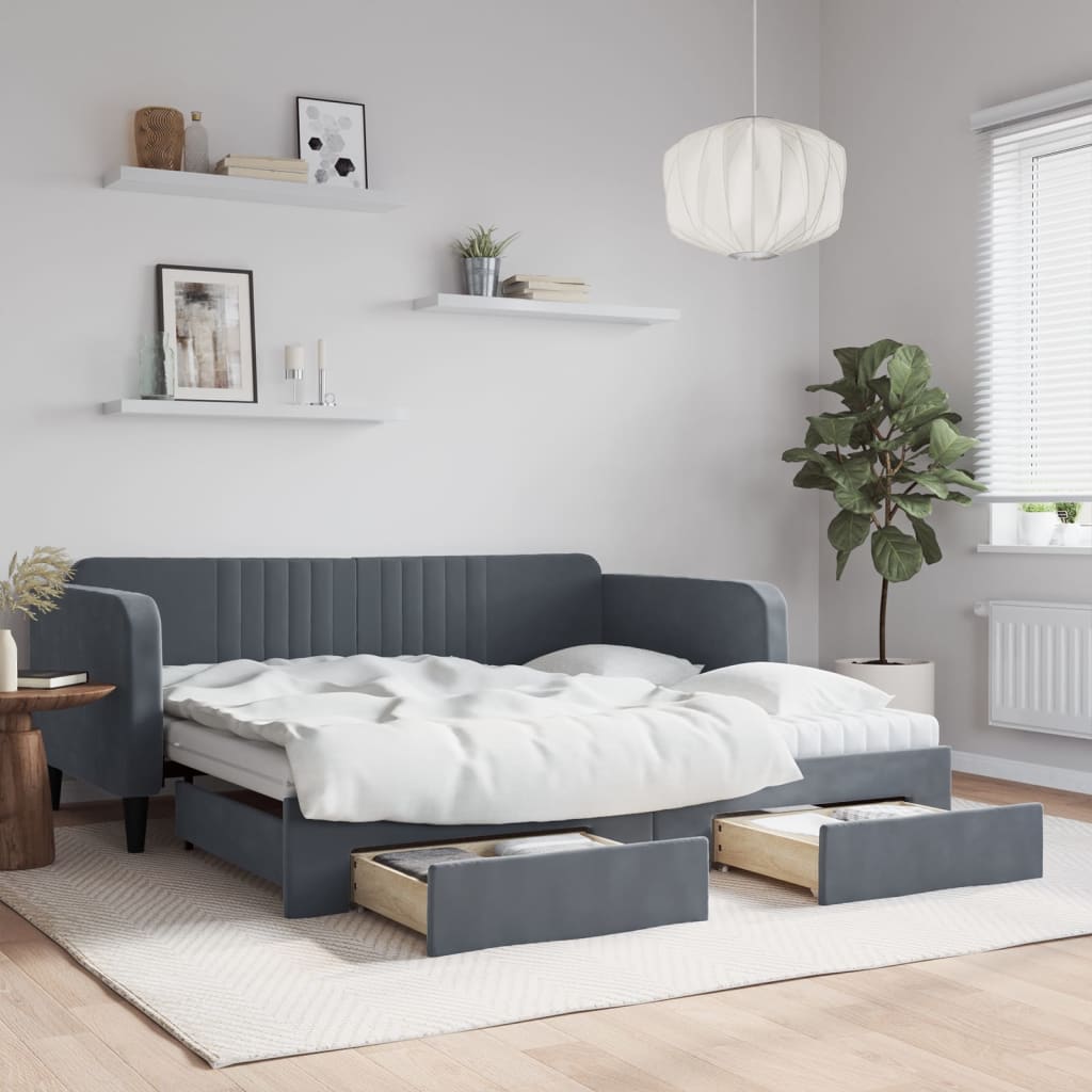 Sofá-cama c/ gavetão e gavetas 90x190 cm veludo cinzento-escuro