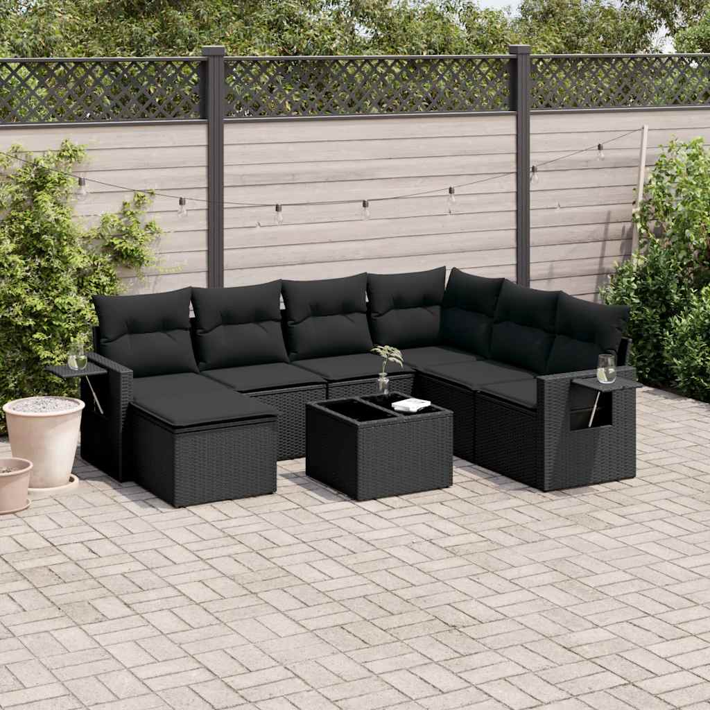 8 Pcs conjunto sofás de jardim com almofadões vime PE preto