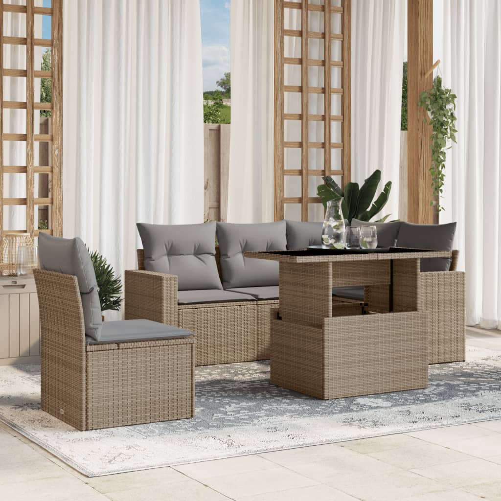 6 Pcs conjunto de sofás p/ jardim com almofadões vime PE bege