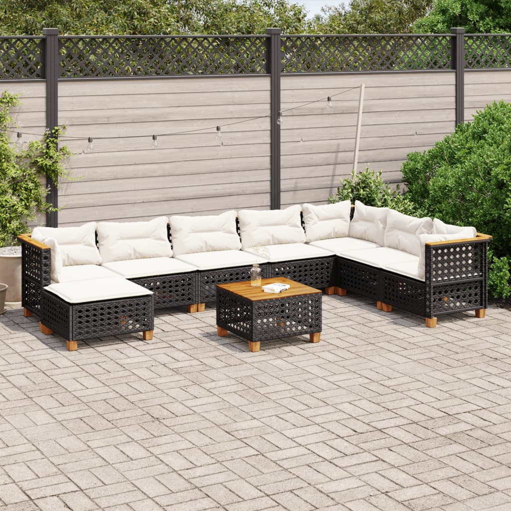 9 Pcs conjunto de sofás p/ jardim c/ almofadões vime PE preto