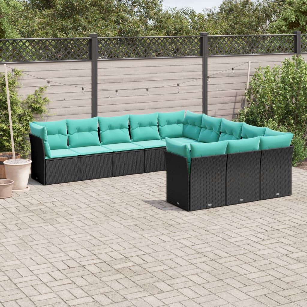 Conjunto de sofá de jardim com 11 peças e almofadas em rattan sintético preto