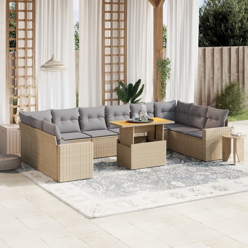 11 Pcs conjunto sofás de jardim c/ almofadões vime PE bege