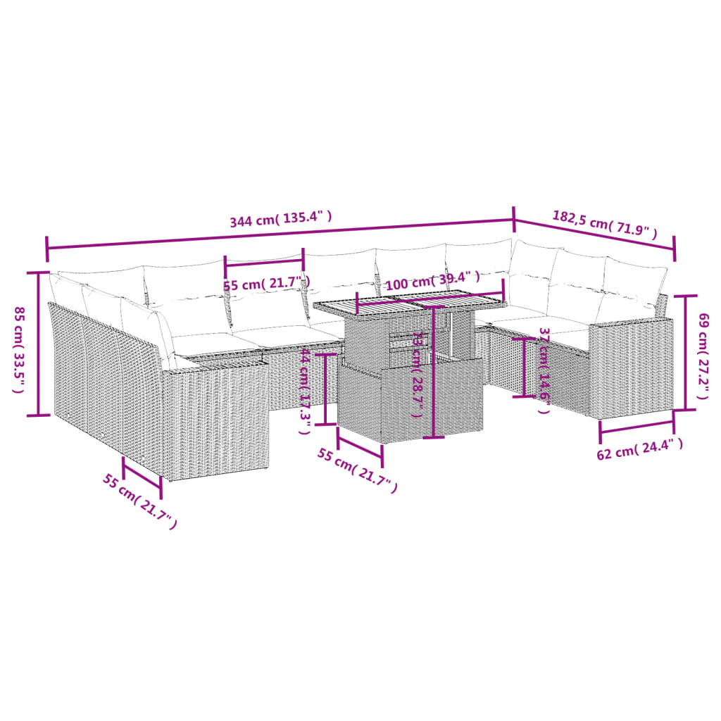 11 Pcs conjunto sofás de jardim c/ almofadões vime PE bege