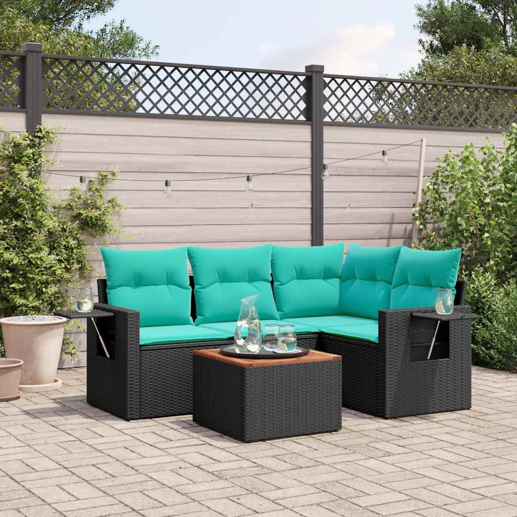 Conjunto de sofá de jardim de 5 peças com almofadas em rattan sintético preto