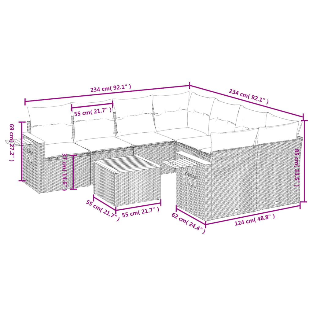 9 Pcs conjunto de sofás p/ jardim c/ almofadões vime PE preto