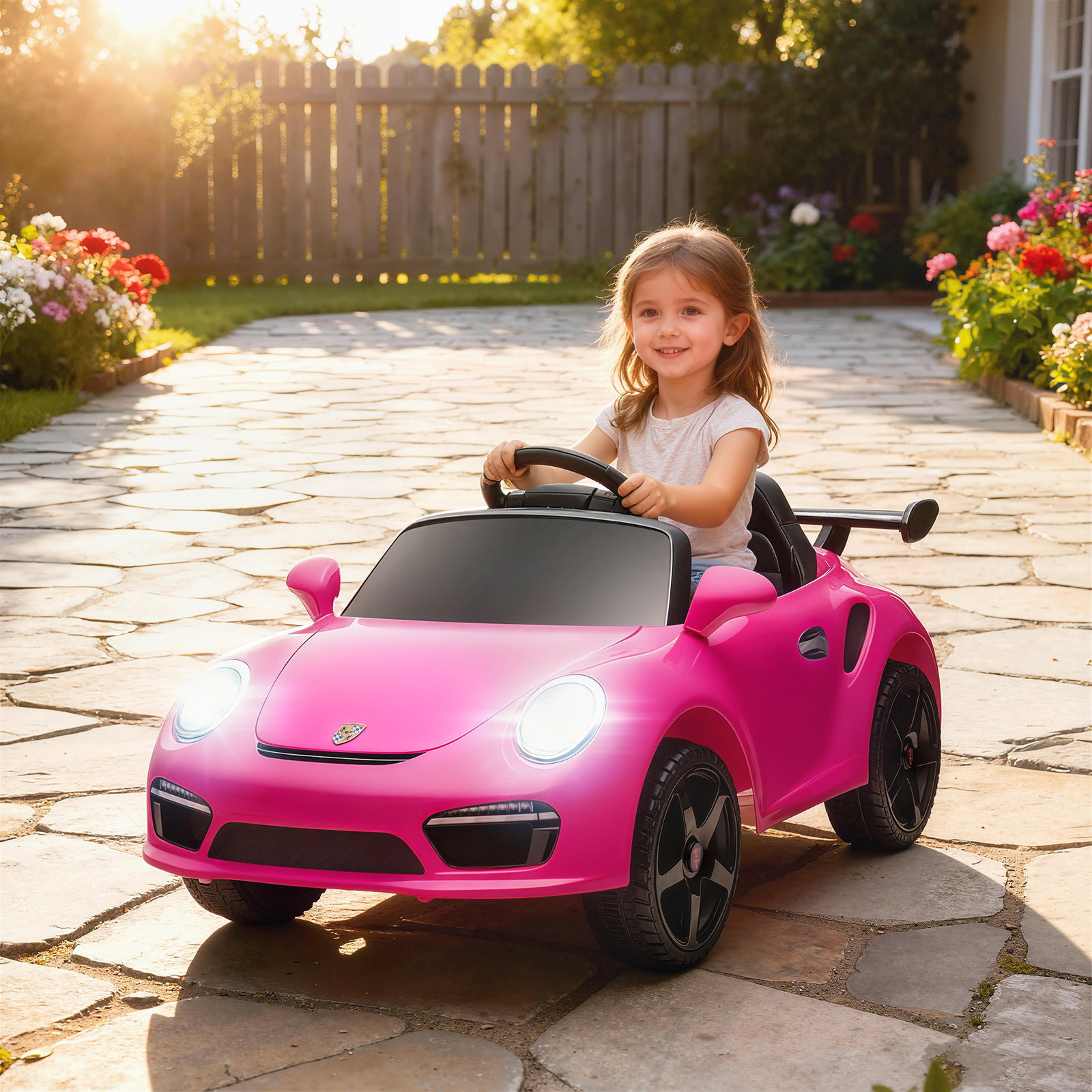 Carro elétrico para crianças de polícia 12v com motor duplo sirene música sem fios buzina rodas auxiliares e faróis LED 105x58x49 cm rosa