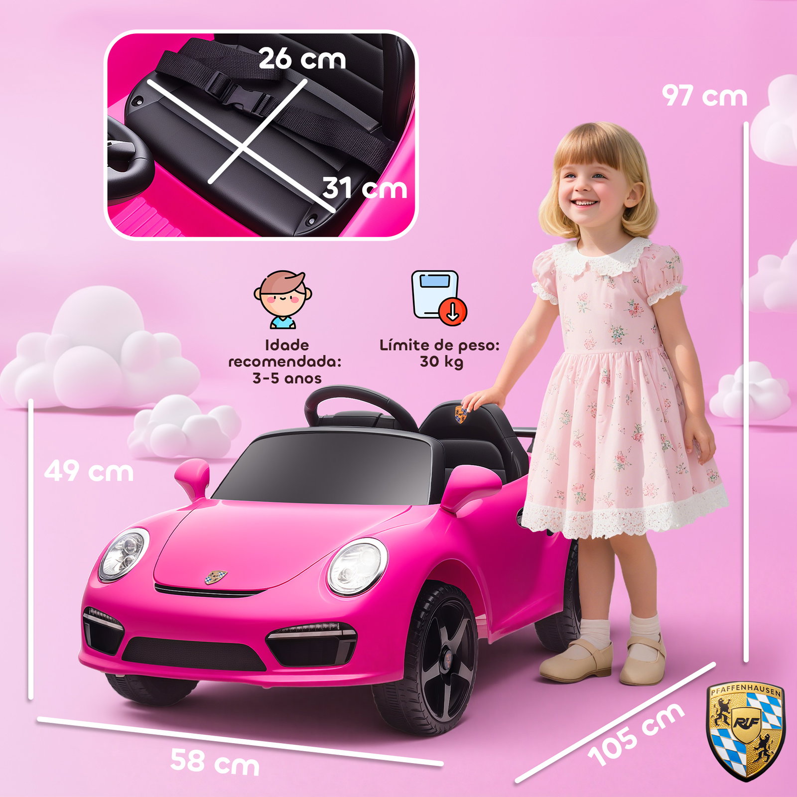 Carro elétrico para crianças de polícia 12v com motor duplo sirene música sem fios buzina rodas auxiliares e faróis LED 105x58x49 cm rosa