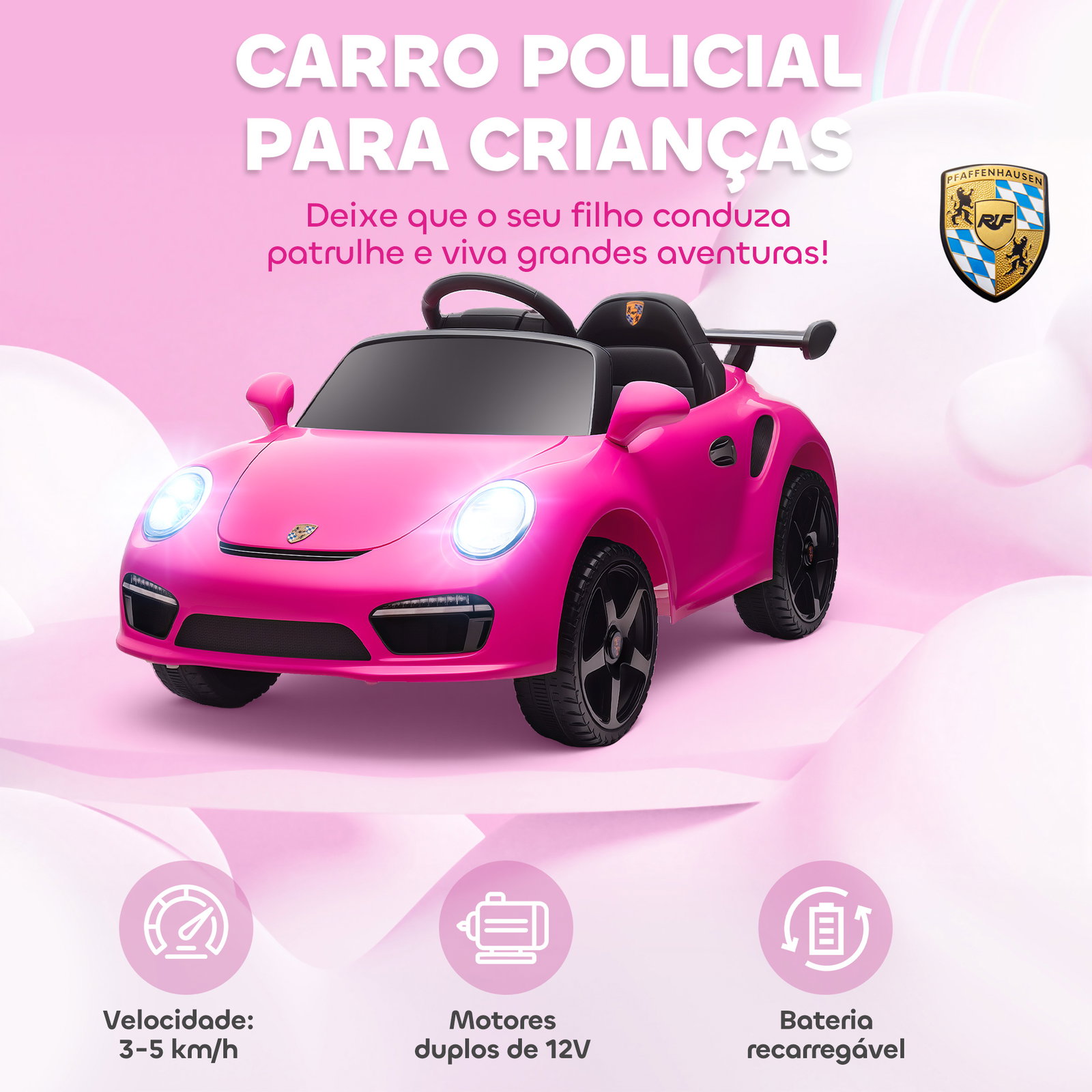 Carro elétrico para crianças de polícia 12v com motor duplo sirene música sem fios buzina rodas auxiliares e faróis LED 105x58x49 cm rosa