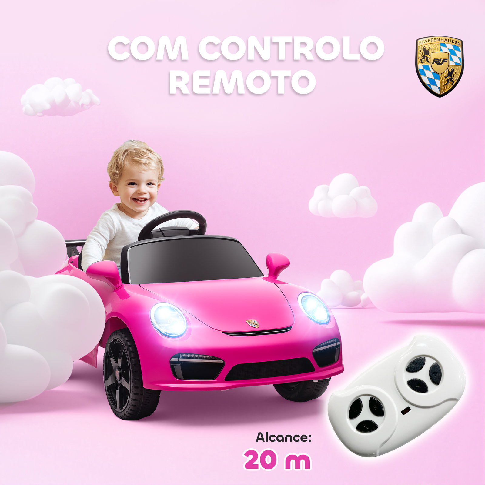 Carro elétrico para crianças de polícia 12v com motor duplo sirene música sem fios buzina rodas auxiliares e faróis LED 105x58x49 cm rosa