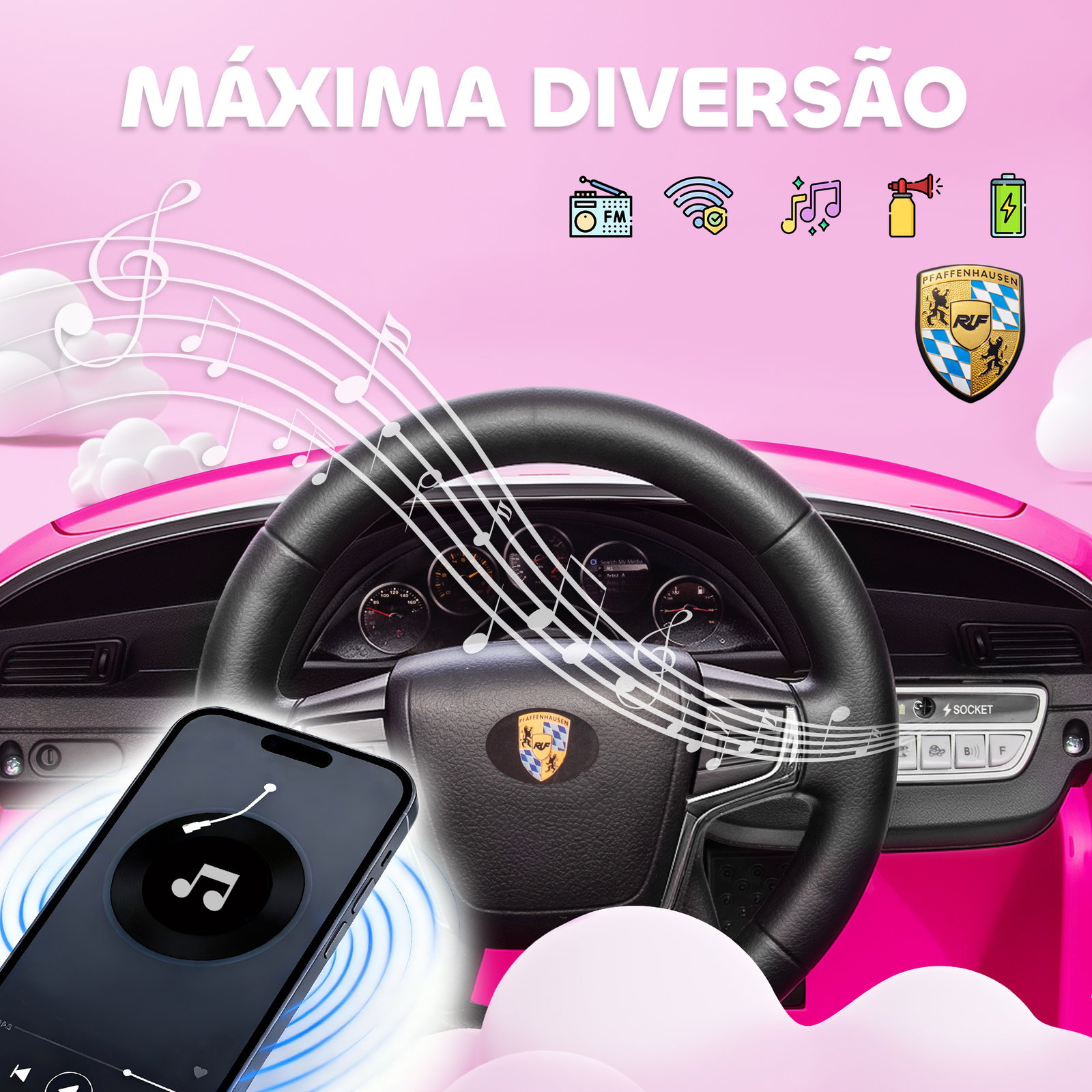Carro elétrico para crianças de polícia 12v com motor duplo sirene música sem fios buzina rodas auxiliares e faróis LED 105x58x49 cm rosa